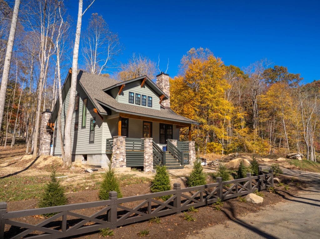 Cozy house surrounded by autumn trees.
