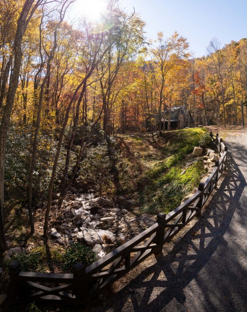 Autumn forest path with wooden fence.
