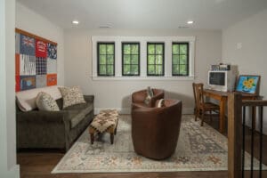 Cozy living room with vintage decor elements.